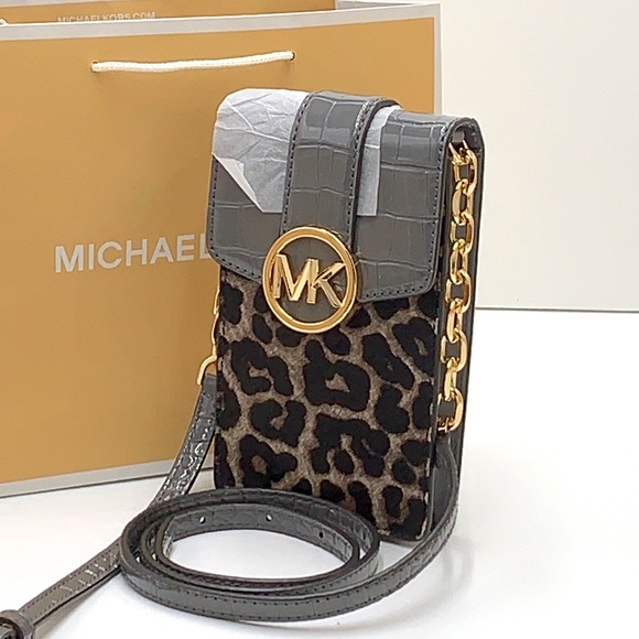 Brand New With Tag Michael Kors Carmen Small Ns Phone Xbody Haircalf Grey Multi